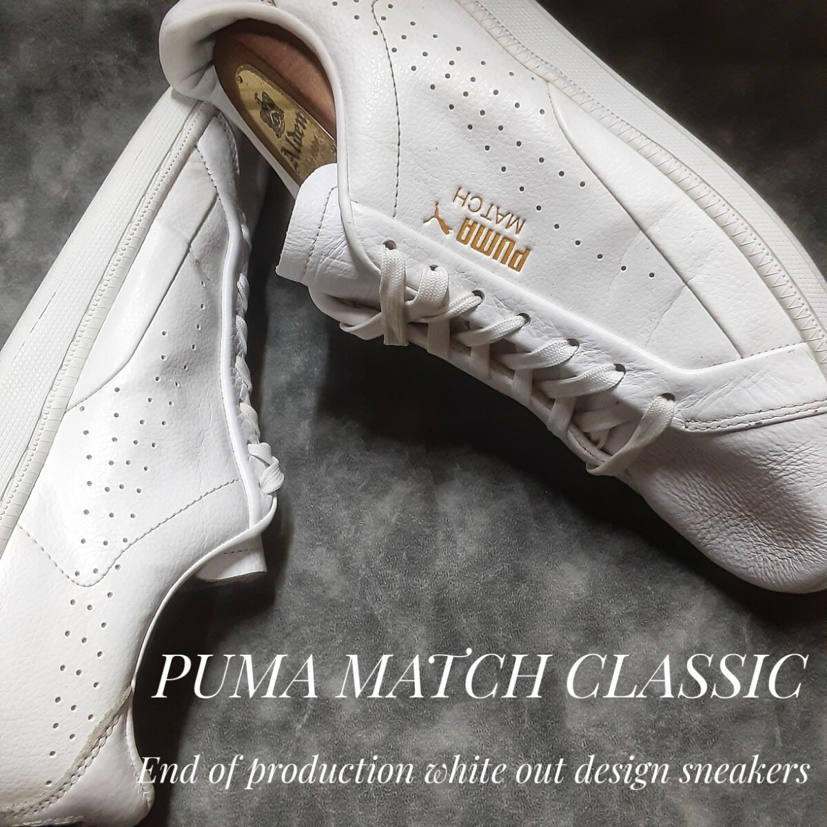 最値!復刻ゴールドネーム×パンチングストライプ!生産終了!ホワイトアウト!プーマ マッチクラシック高級シンセレザー スニーカー!白金 28.5拍卖