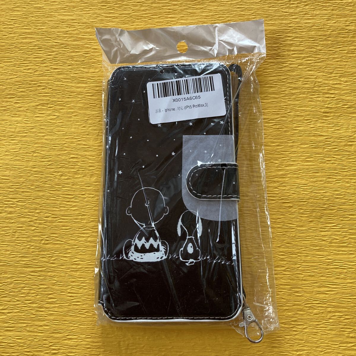 n6185 iPhone 15 Pro スヌーピー・ウッドストック 後ろ姿 ブラック 手帳型スマホケース 未使用拍卖