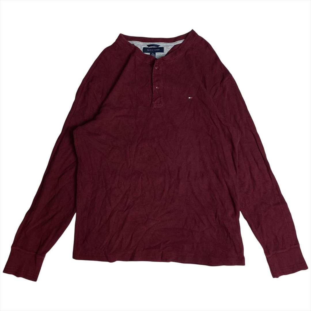 Vintage TOMMY HILFIGER トミーヒルフィガー ヘンリーネック ワッフル ロング Tシャツ 長袖 メンズ XL ワインレッド 古着 ロンT ビンテージ拍卖