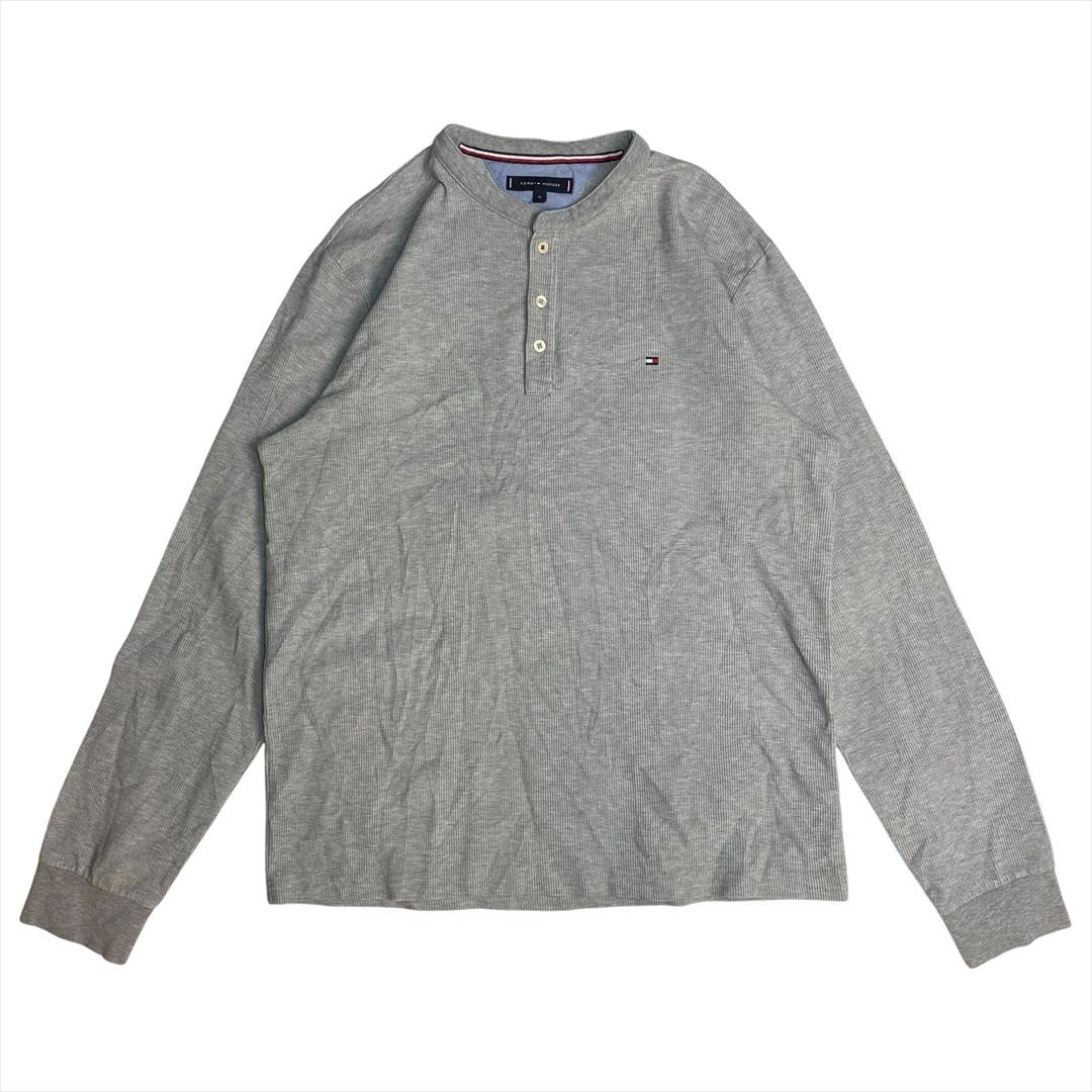 Vintage TOMMY HILFIGER トミーヒルフィガー ヘンリーネック ワッフル ロング Tシャツ 長袖 メンズ XL グレー 古着 ロンT ヴィンテージ拍卖