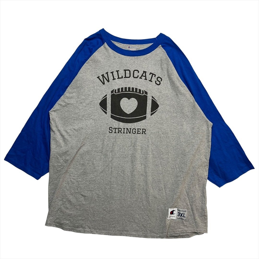 Vintage Champion チャンピオン WILDCATS STRINGER ロゴ 七分袖 Tシャツ 長袖 メンズ 3XL グレー 古着 七分丈 ビッグサイズ ヴィンテージ拍卖