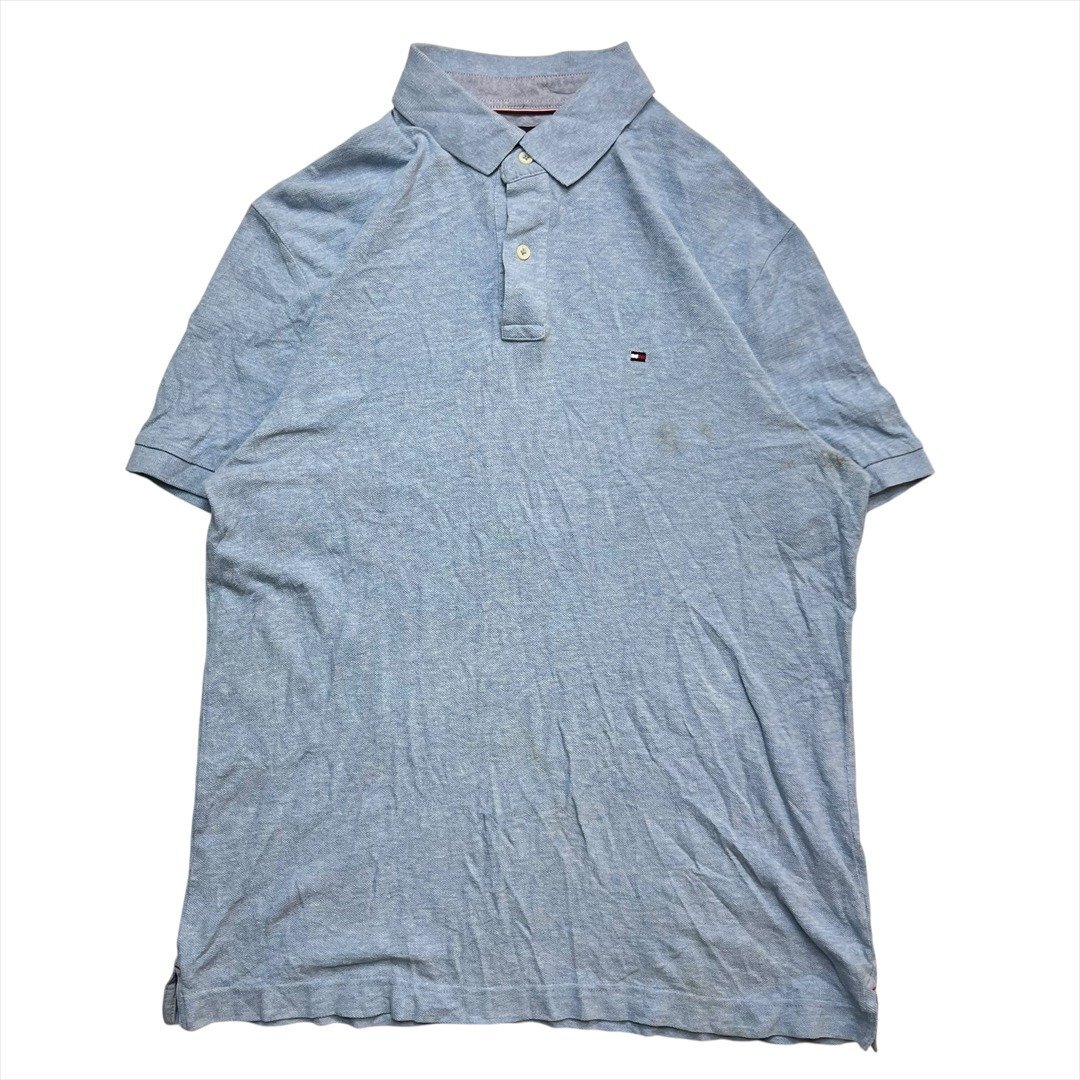 Vintage TOMMY HILFIGER トミーヒルフィガー CUSTOM FIT ワンポイント 刺繍 ロゴ 半袖 ポロシャツ メンズ L ブルー 古着 ヴィンテージ拍卖