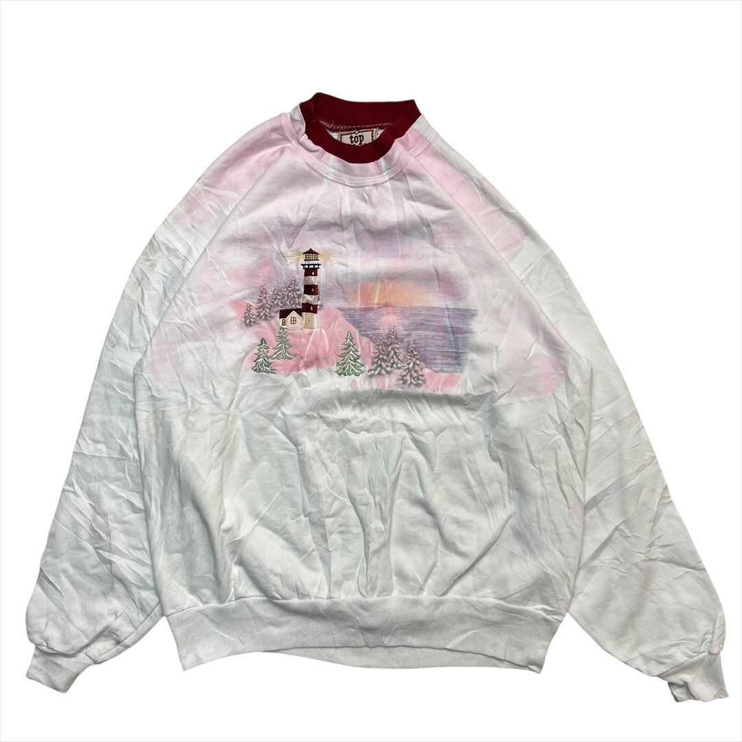 Vintage TOP STITCH レイヤード 灯台刺繍 スウェット トレーナー レディース L ホワイト 古着 スエット ビンテージ ヴィンテージ拍卖