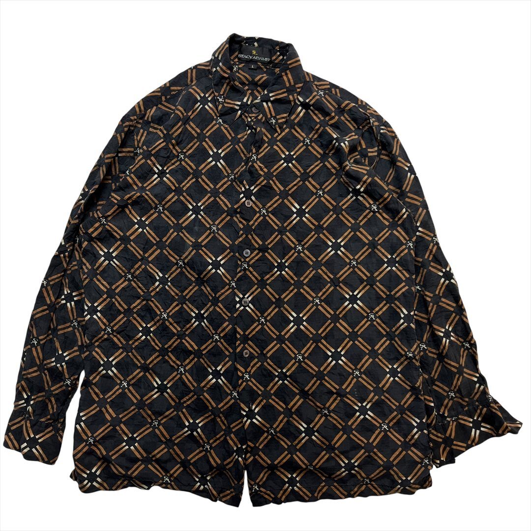 【訳アリ】 Vintage STACY ADAMS モノグラム 総柄 シルク シャツ 長袖 メンズ L 柄 古着 ビンテージ ヴィンテージ拍卖