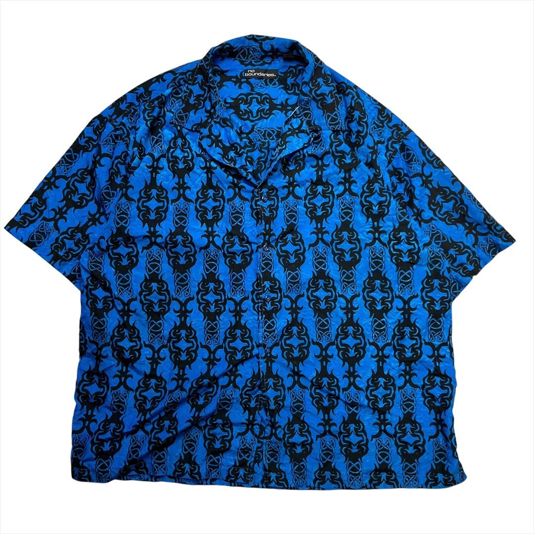 Vintage no boundaries トライバル柄 アロハ シャツ 半袖 メンズ XXL ブルー 古着 ハワイアン 開襟 かりゆし ウェア ヴィンテージ拍卖