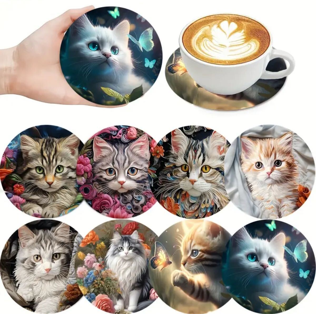 ■新品■木製 コースター【ねこ ネコ】天然木【8枚セット】猫 キッチン インテリア雑貨 おしゃれ かわいい 楽しい拍卖