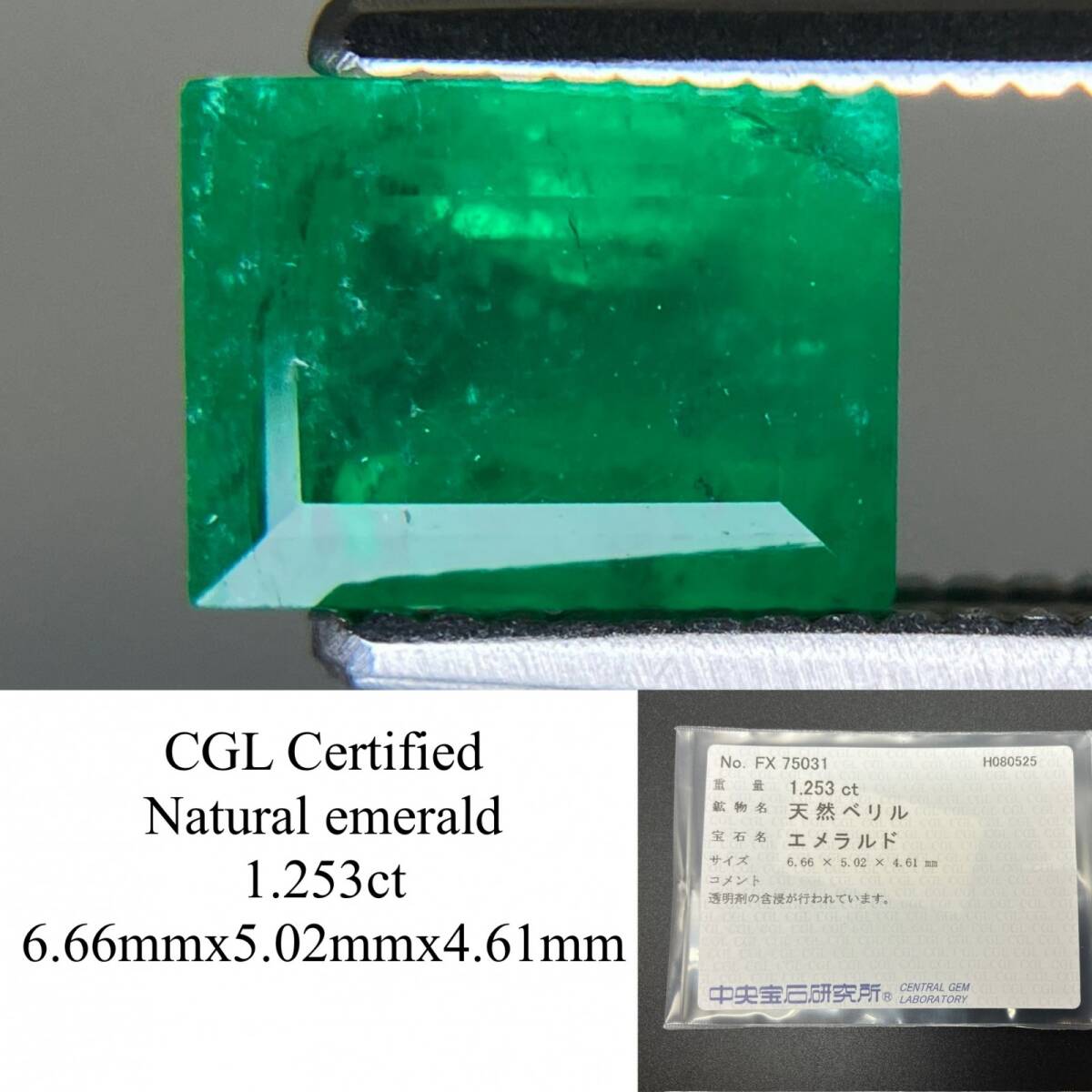 エメラルド 天然 1.253ct 中央宝石ソーティング付き 6.66×5.02×4.61 ルース( 裸石 ) 6327YY拍卖