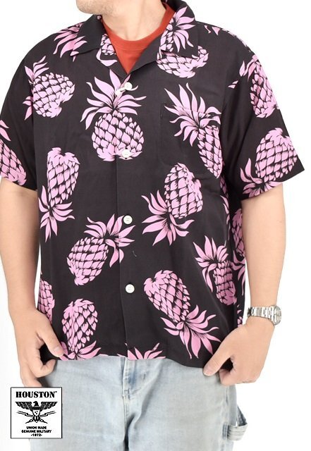 アセテートツイルアロハシャツ「PINEAPPLE」◆HOUSTON ブラック XLサイズ 41194 ヒューストン ハワイアン パイナップル拍卖