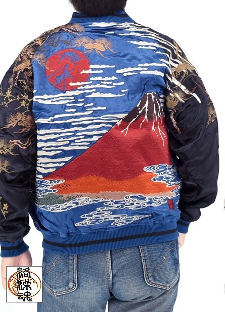 粋 赤富士浮世絵リバーシブルスカジャン◆絡繰魂 B色 XXLサイズ 253062 和柄 和風 富士山 刺繍 スーベニアジャケット からくり拍卖
