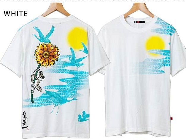 ひまわりに乗って半袖Tシャツ◆参丸一 ホワイトLサイズ SM-30619 和柄 和風 蛙 カエルかえる さんまるいち拍卖