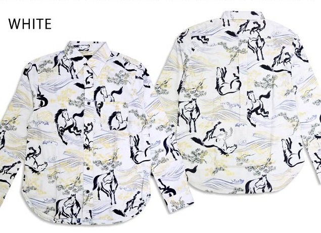 長袖レギュラーカラーシャツ「金彩墨絵馬」◆衣櫻 ホワイト XLサイズ SA-1726 和柄 和風 日本製 国産 総柄拍卖