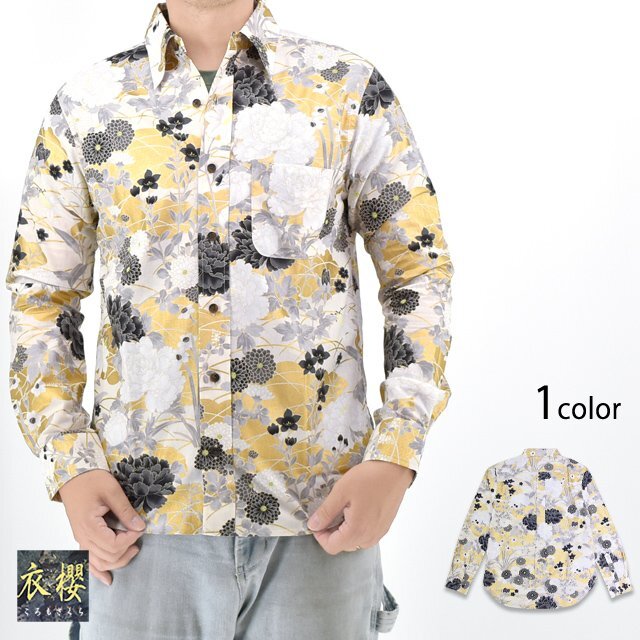 長袖レギュラーカラーシャツ「金彩四季富花」 ◆衣櫻 ゴールド Mサイズ SA-1723 和柄 和風 日本製 国産 総柄拍卖