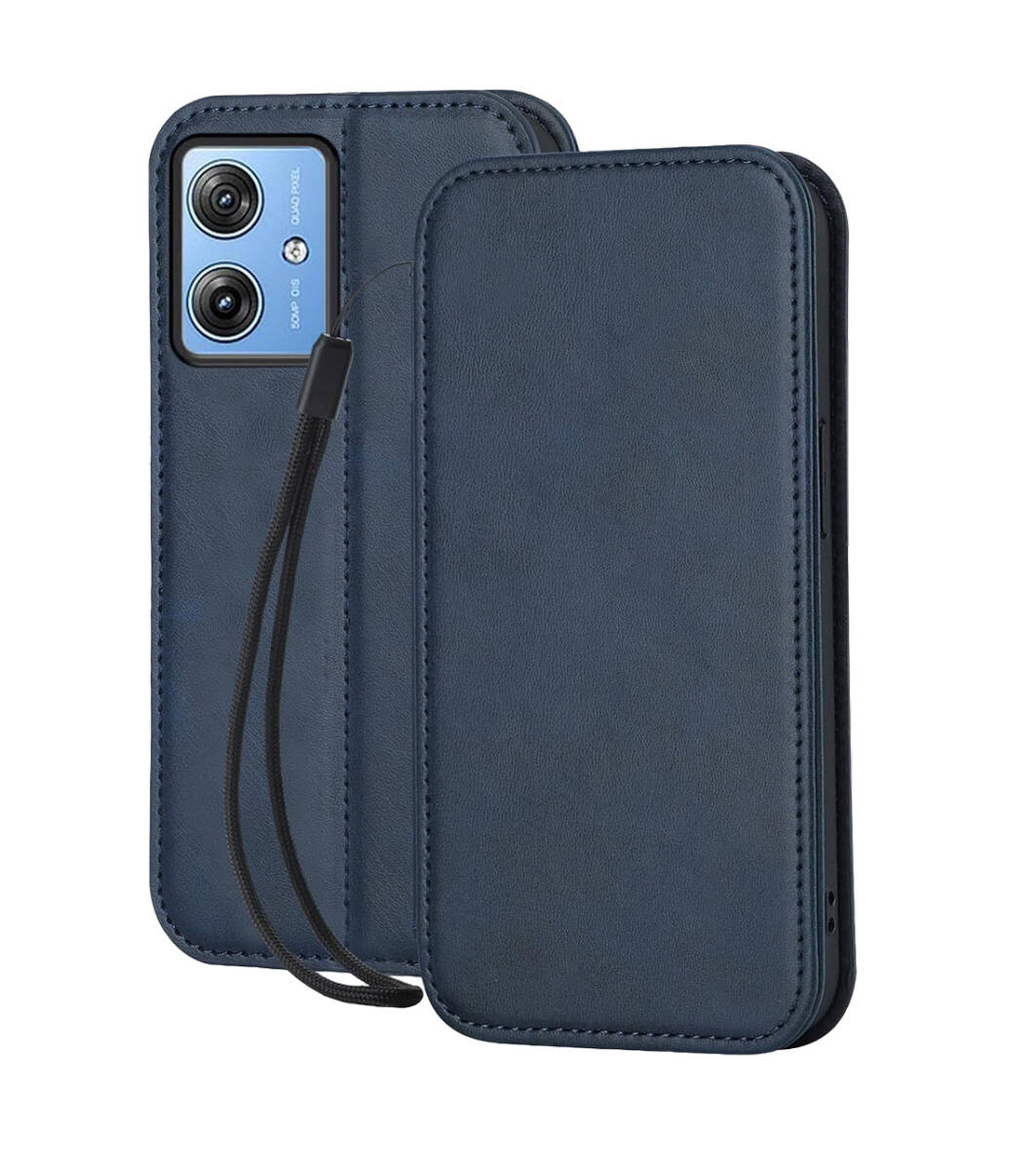 moto g64 5G ケース 手帳型 (携帯ストラップ付き、ガラスフィルム付き)PUレザー カード収納 内蔵マグネット式 レトロネイビー ay556拍卖