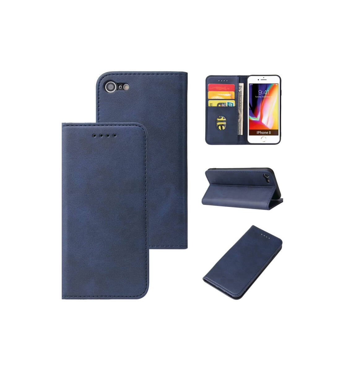 iPhoneSE第2世代 第3世代/iphone8/iphone7ケース 手帳型 PUレザー カード収納ケース マグネット式 スタンド機能アイフォン ネイビー ay415拍卖