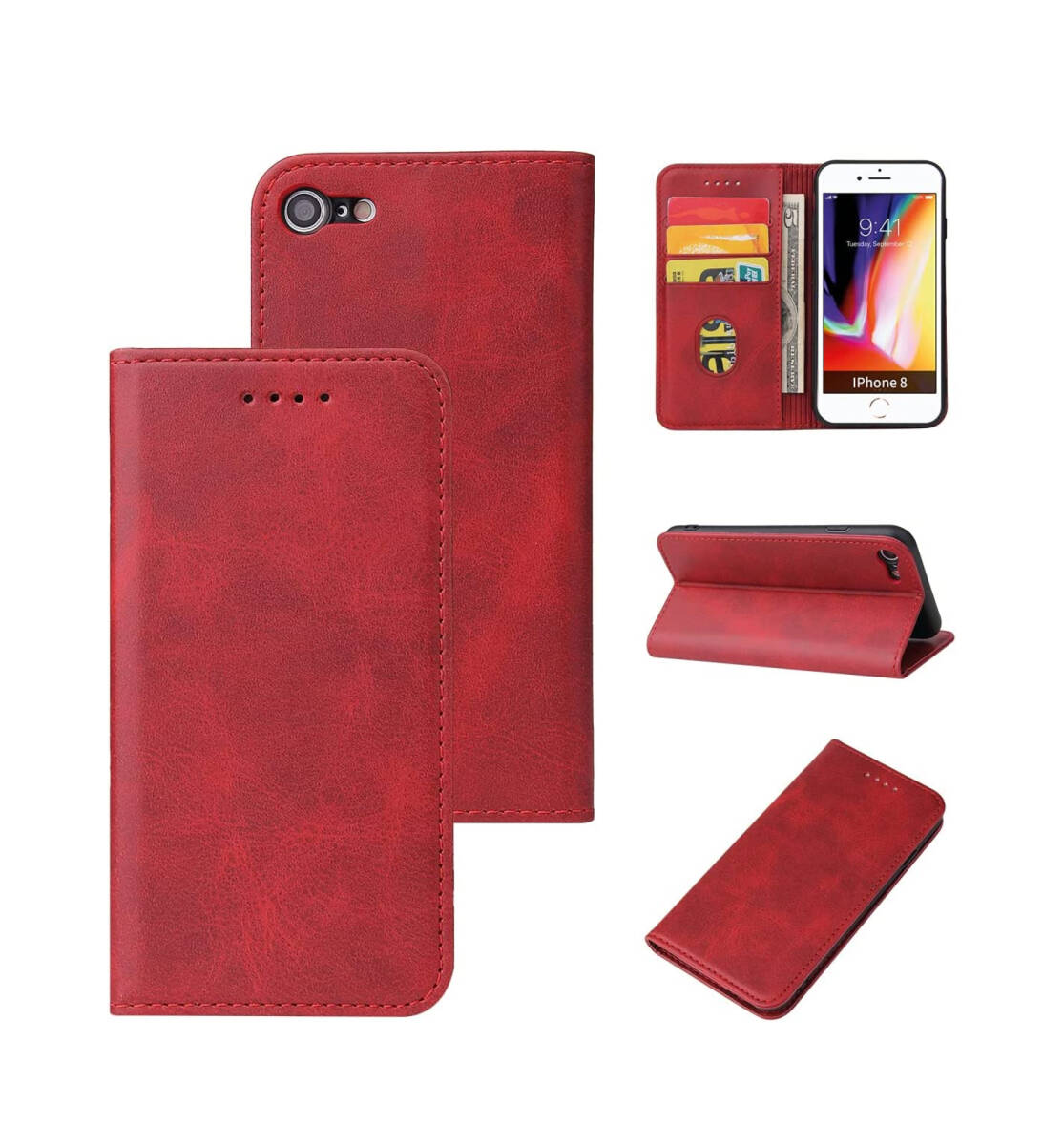 iPhoneSE第2世代 第3世代/iphone8/iphone7ケース 手帳型 PUレザー カード収納ケース マグネット式 スタンド機能アイフォン レッド ay417拍卖