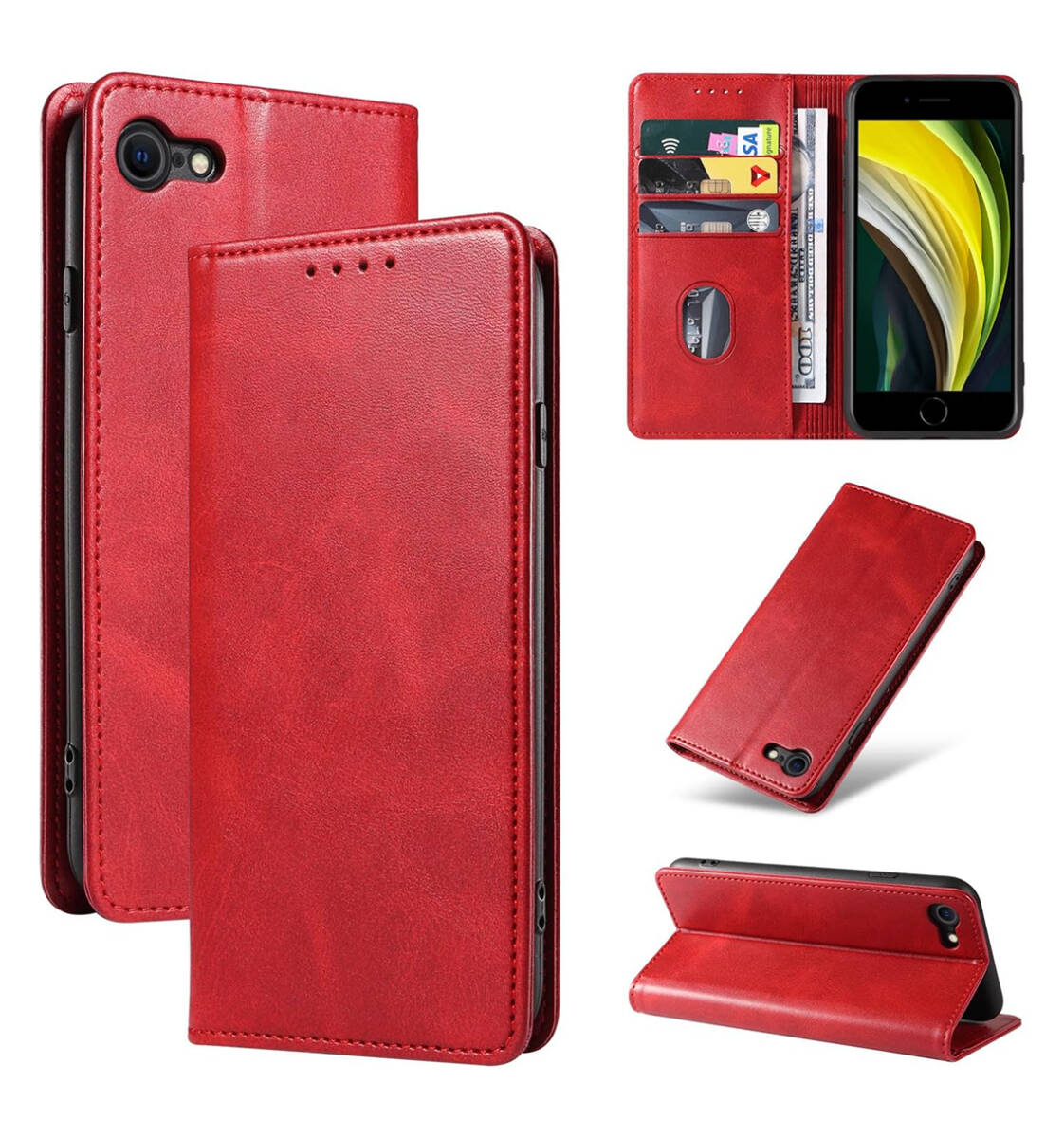 iPhoneSE2 SE3 8 7 用 ケース 手帳型 カード収納 PUレザー TPU素材 耐衝撃 マグネット スタンド機能付き レッド ay46拍卖