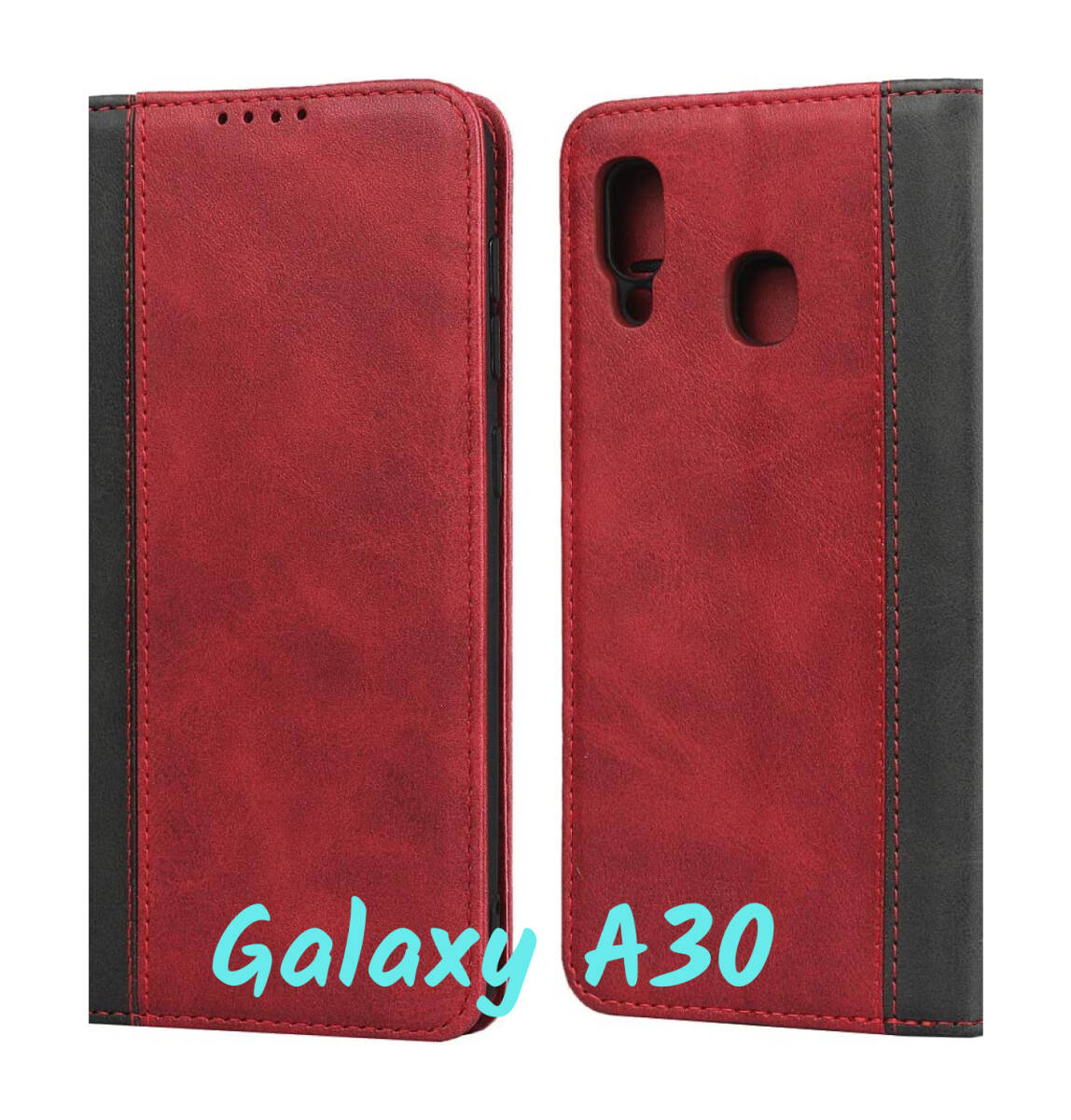 Samsung Galaxy A30ケース 手帳型 耐衝撃 マグネット式 カード収納 スタンド機能 レッド+ブラック ay486拍卖