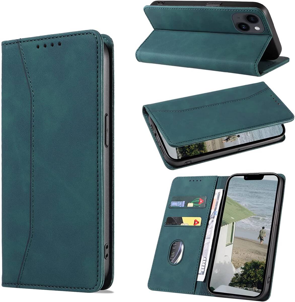 iPhone14ケース 手帳型 おしゃれ 肌触り良い肌感レザー 内蔵マグネット フェイクレザー TPU 耐衝撃 6.1インチ ターコイズ ay245拍卖