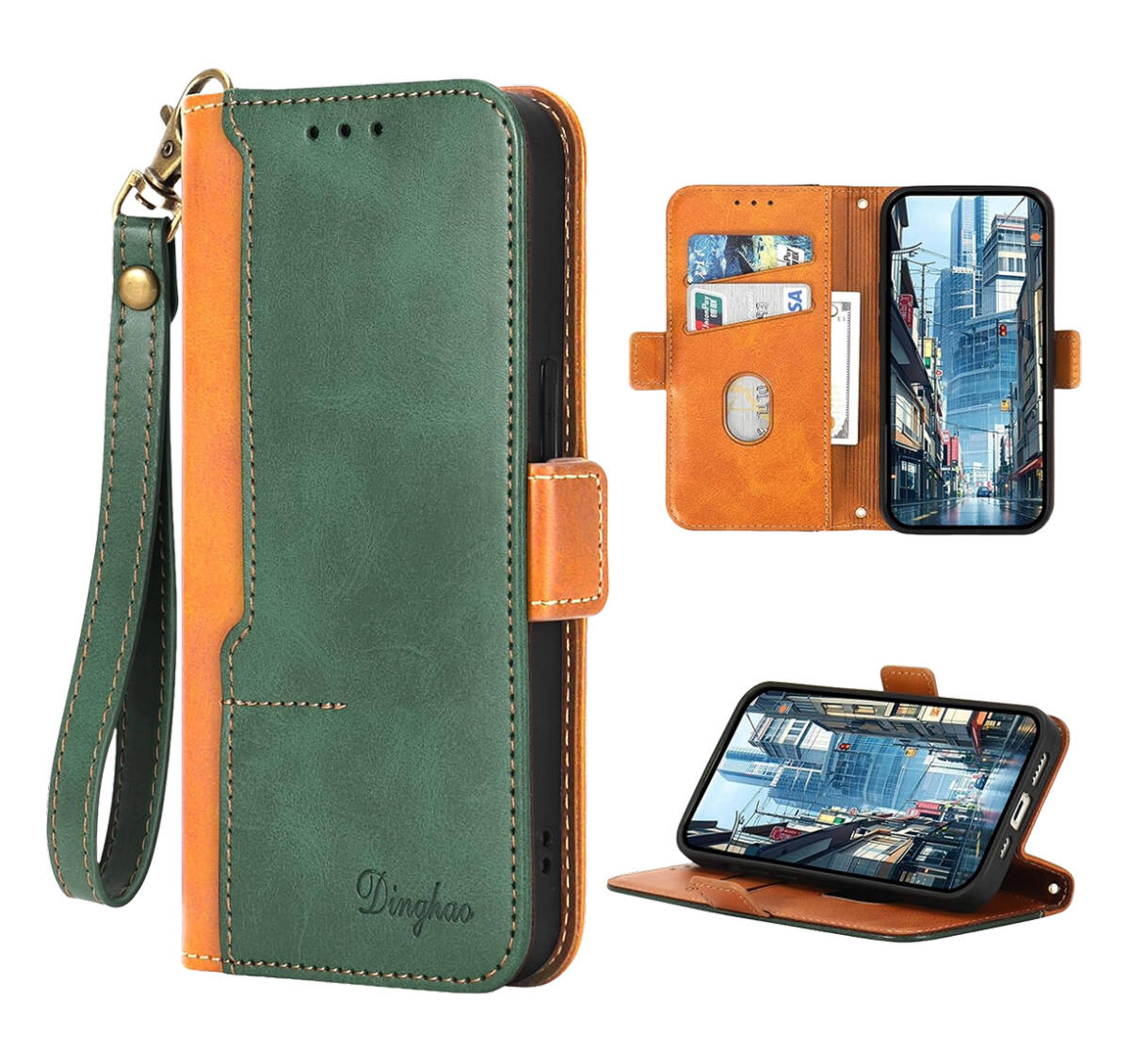 Nubia S 5Gケース 手帳型 カード入れ収納 スタンド機能 財布 全面保護 フェイクレザー グリーン+ブラウン ay152拍卖