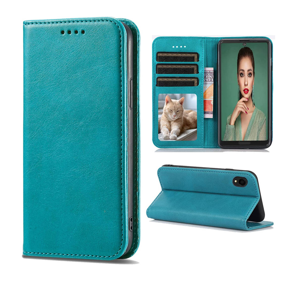 GalaxyA22ケース手帳型 肌触り良 PUレザー ストラップホール付 カード収納 マグネット内蔵 スタンド機能 耐衝撃 全面保護 ターコイズ ay540拍卖