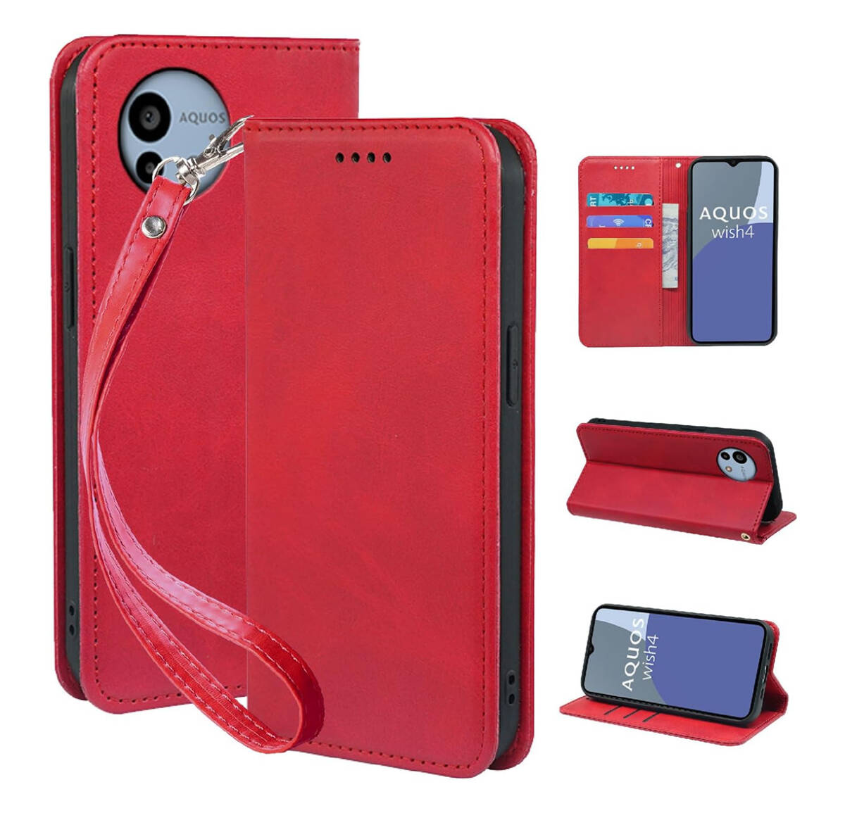 AQUOS Wish 4 ケース 手帳型 スタンド機能付 360度保護 カード収納 PUレザー TPU ベルトループ付 レッド ay263拍卖