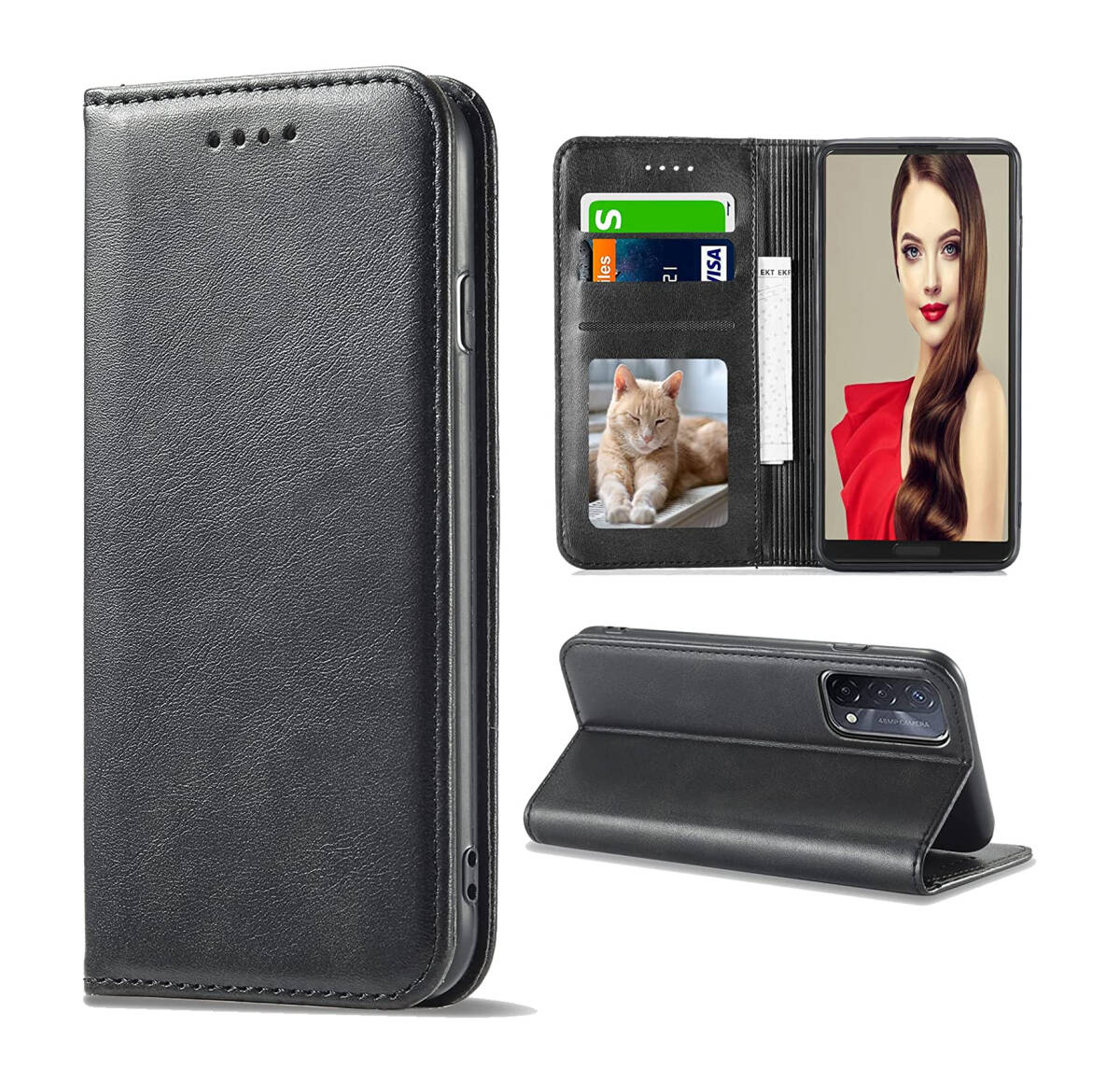 OPPO A55Sケース手帳型 SC-53B 肌触り良い PUレザー ストラップホール付き カード収納 マグネット内蔵 全面保護 ブラック ay584拍卖