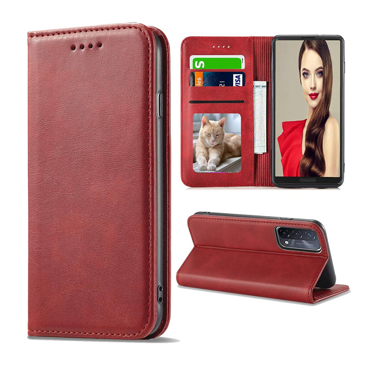 OPPO A55Sケース手帳型 SC-53B 肌触り良い PUレザー ストラップホール付き カード収納 マグネット内蔵 全面保護 レッド ay588拍卖