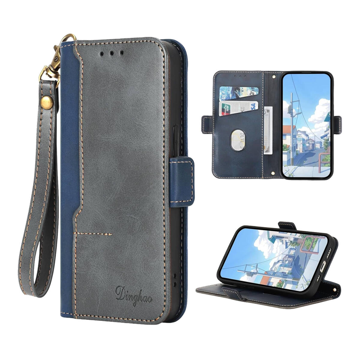 Nubia S 5Gケース 手帳型 カード入れ収納 スタンド機能 財布 全面保護 フェイクレザー グレー+ブルー ay153拍卖