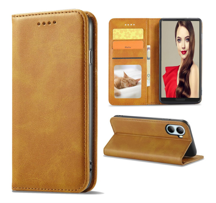 Libero 5G IV ケース 手帳型 A302ZT 合革レザー TPUケース ストラップホール付き カード収納 スタンド機能 ライトブラウン ay107拍卖