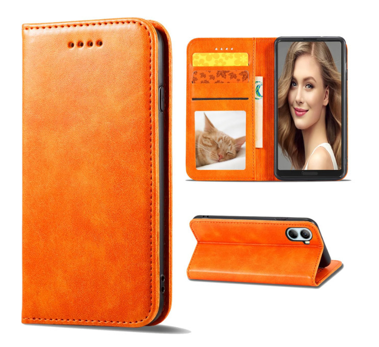 Libero 5G IV ケース 手帳型 A302ZT 合革レザー TPUケース ストラップホール付き カード収納 スタンド機能 オレンジ ay100拍卖