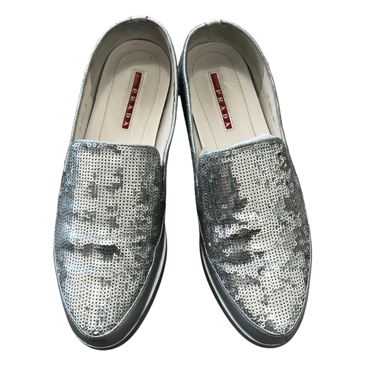 PRADA SPORT「PAILLETTES ALLUMINIO」シルバー スパンコール スリッポンローファー(ラインア ロッサ)silver スニーカー プラダスポーツ拍卖
