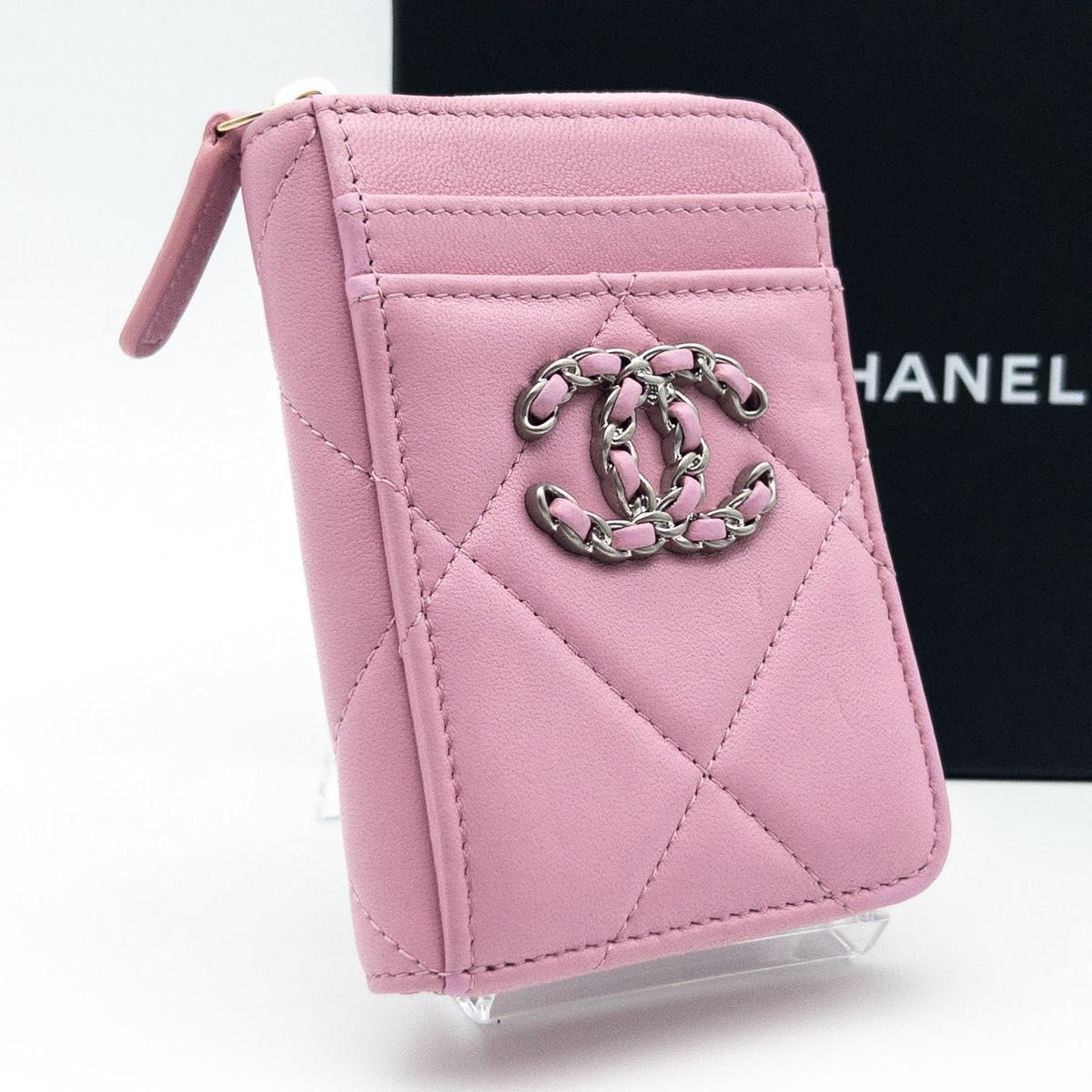 【極美品】CHANEL 19 コインカードケース ピンク ラムレザー拍卖