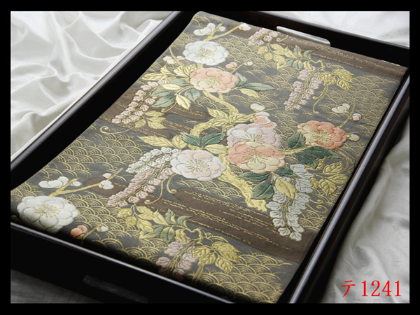 蔵【テ1241】西陣逸品 青海波辻ヶ花紋 豆がら茶色地 正絹純金糸六通高級美術袋帯 ◇検簪着物名古屋帯和装小物帯締め拍卖