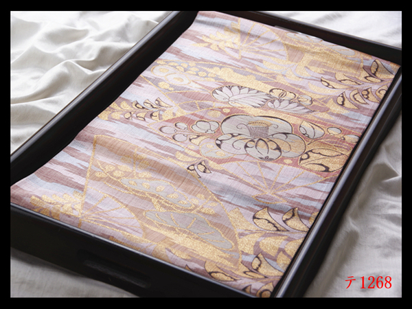 蔵【テ1268】厳選逸品 振袖可 扇面辻ヶ花紋 梅鼠色地 正絹純金糸六通高級美術袋帯 新品同様 検★着物名古屋帯和装小物帯締め拍卖