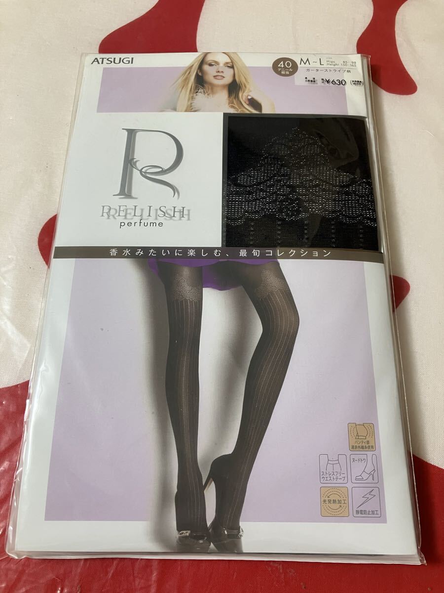 atsugi relish perfume M-L 40デニール タイツ ガーターストライプ柄 ブラック アツギ レリッシュ tights 足型 デザイン 模様 美しく透ける拍卖