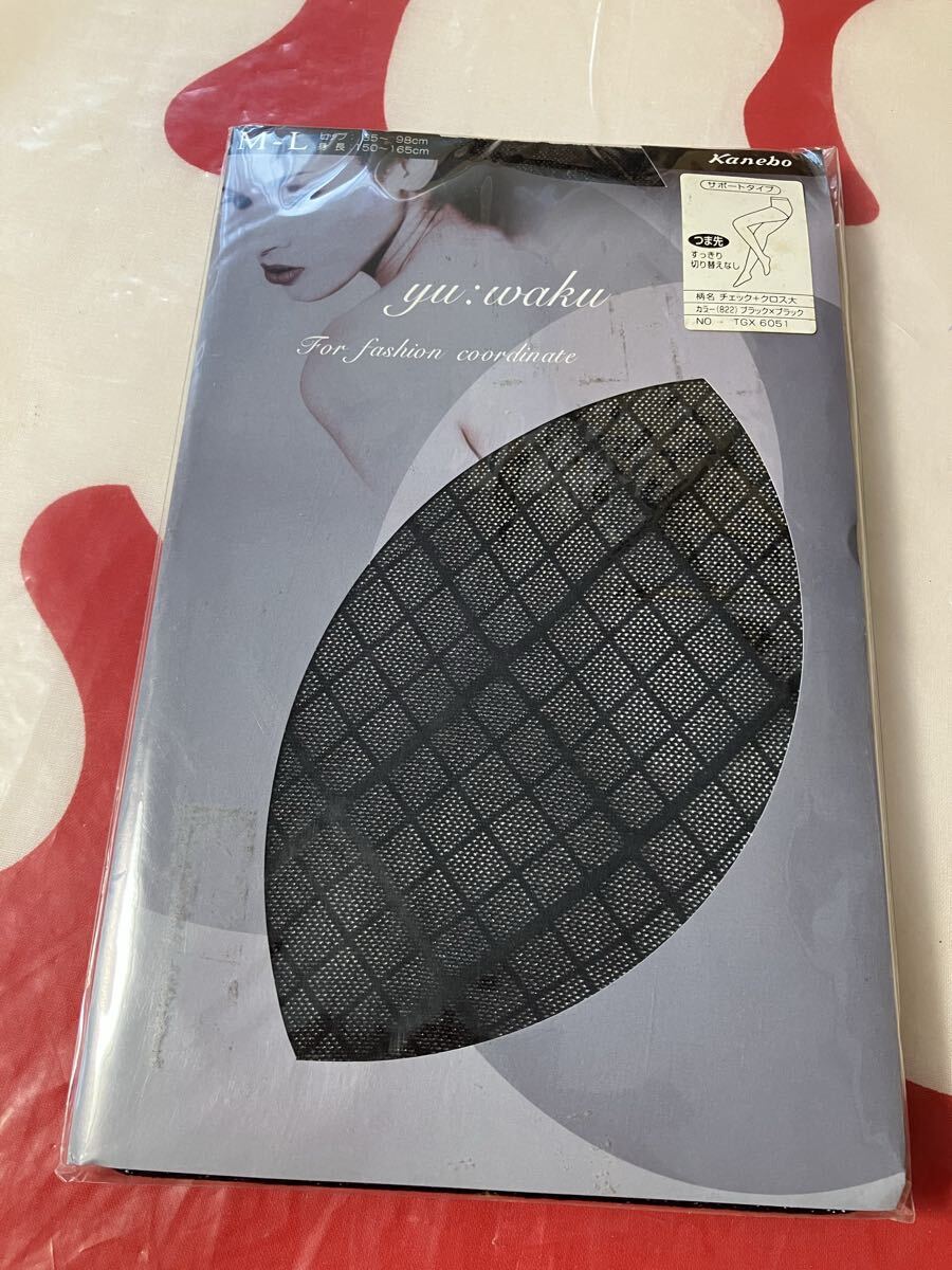 kanebo yu:waku サポート チェック+クロス大 柄 デザイン 模様 編み ブラック×ブラック パンティストッキング パンスト 黒 カネボウ拍卖