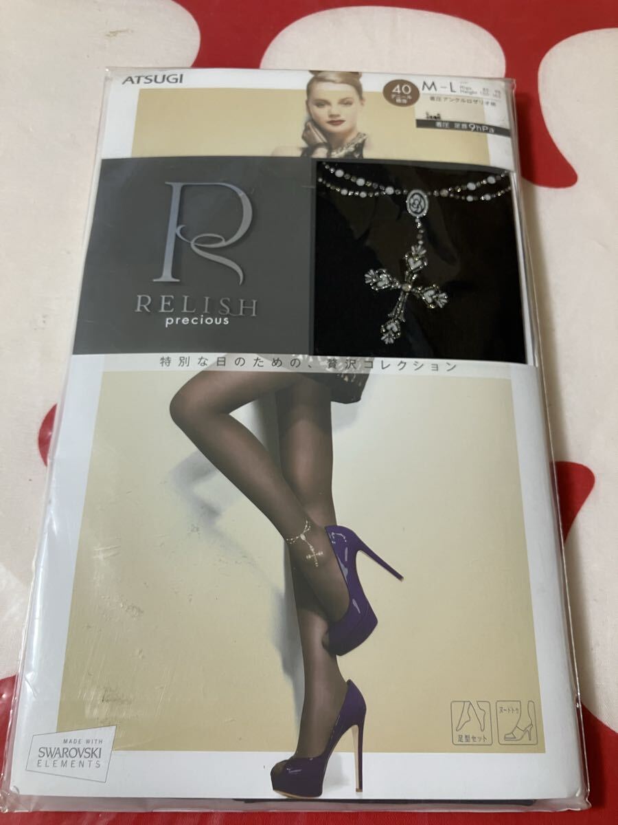 atsugi relish precious 40デニール 着圧アンクルロザリオ柄 ブラック タイツ 美しく透ける 艶 アツギ レリッシュ tights 黒 足型 シック拍卖