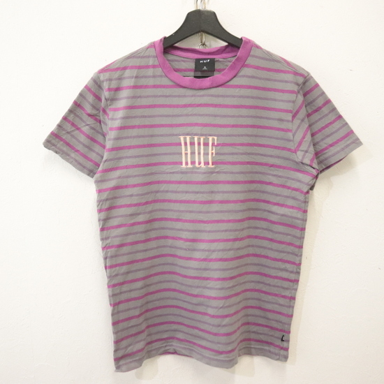 B869 2000年代製 HUF 半袖Tシャツ■00s 表記Sサイズ グレー ピンク ボーダー 刺繍 アメカジ ストリート 古着 激安 希少 オールド 90s 80s拍卖