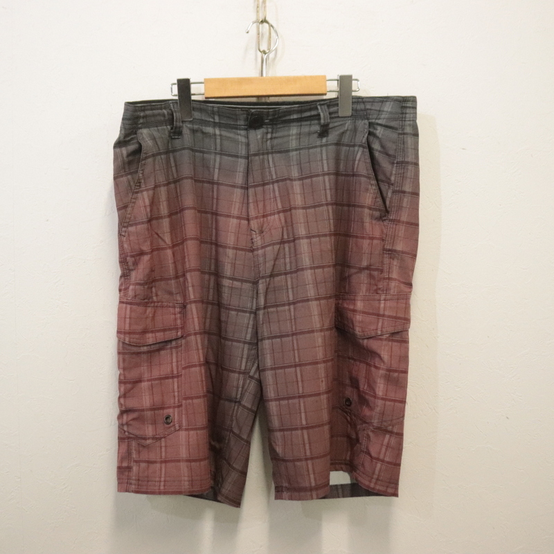 q53 2000年代製 NOFEAR カーゴハーフパンツ■00s 表記34インチ 赤 レッド ショーツ チェック アメカジ ストリート 古着 古着卸 激安 希少拍卖