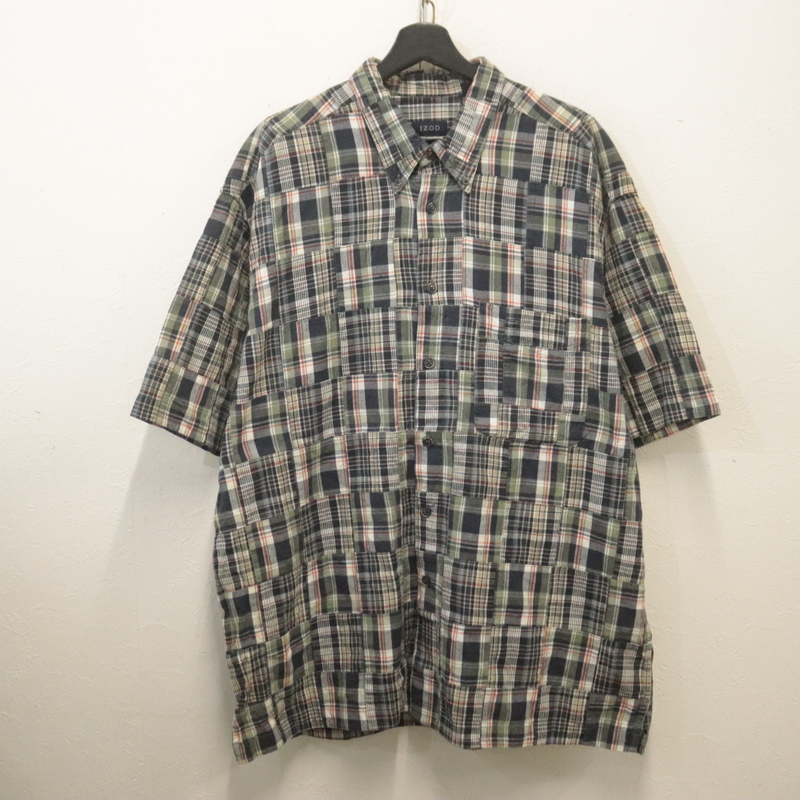 H886 2002年製ビンテージ IZOD アイゾッド 半袖シャツ■00s 表記XLサイズ ネイビー チェック パッチワーク ボタンダウン アメカジ 古着拍卖
