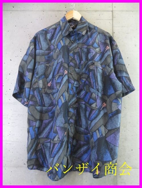 【送料300円可】9180b9◆良品です◆シルク100%◆Cavalier 総柄 半袖シルクシャツ M/絹/ブラウス/ジャケット/ブルゾン/古着拍卖