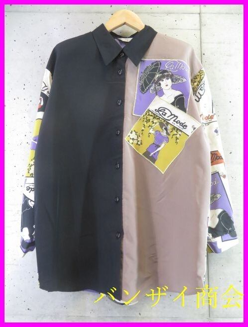 2280b10◆昭和レトロ古着◆CHALLENGIONE モダンガール 長袖ポリエステルシャツ L/ブラウス/総柄/ジャケットコート/ワンピース/ヴィンテージ拍卖