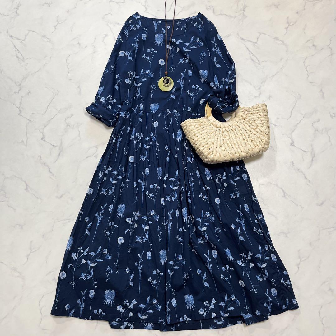 美品 ichi イチ コットンボイルロングワンピース 七分袖 ギャザー 花柄 ボタニカル柄 洗える 日本製 ゆったり フリーサイズ拍卖