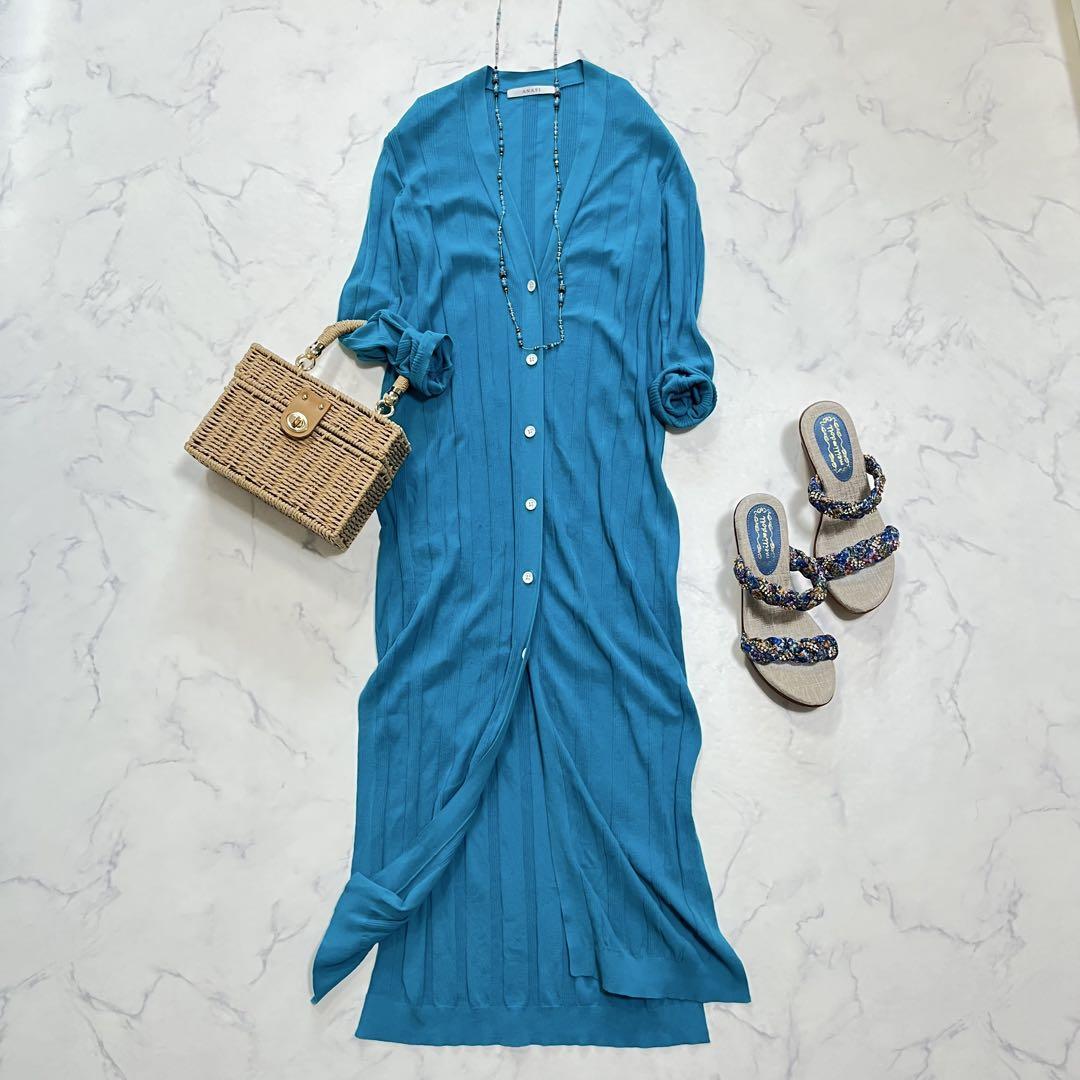 美品 アナイ ロングカーディガン はおり ワンピース風 冷房紫外線対策 ターコイズブルー 38 M拍卖