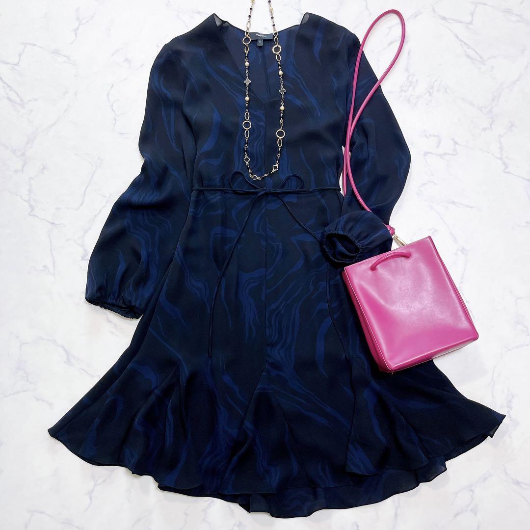 美品 セオリー シルクワンピース ひざ丈 Aライン フレア ウエストリボン S拍卖