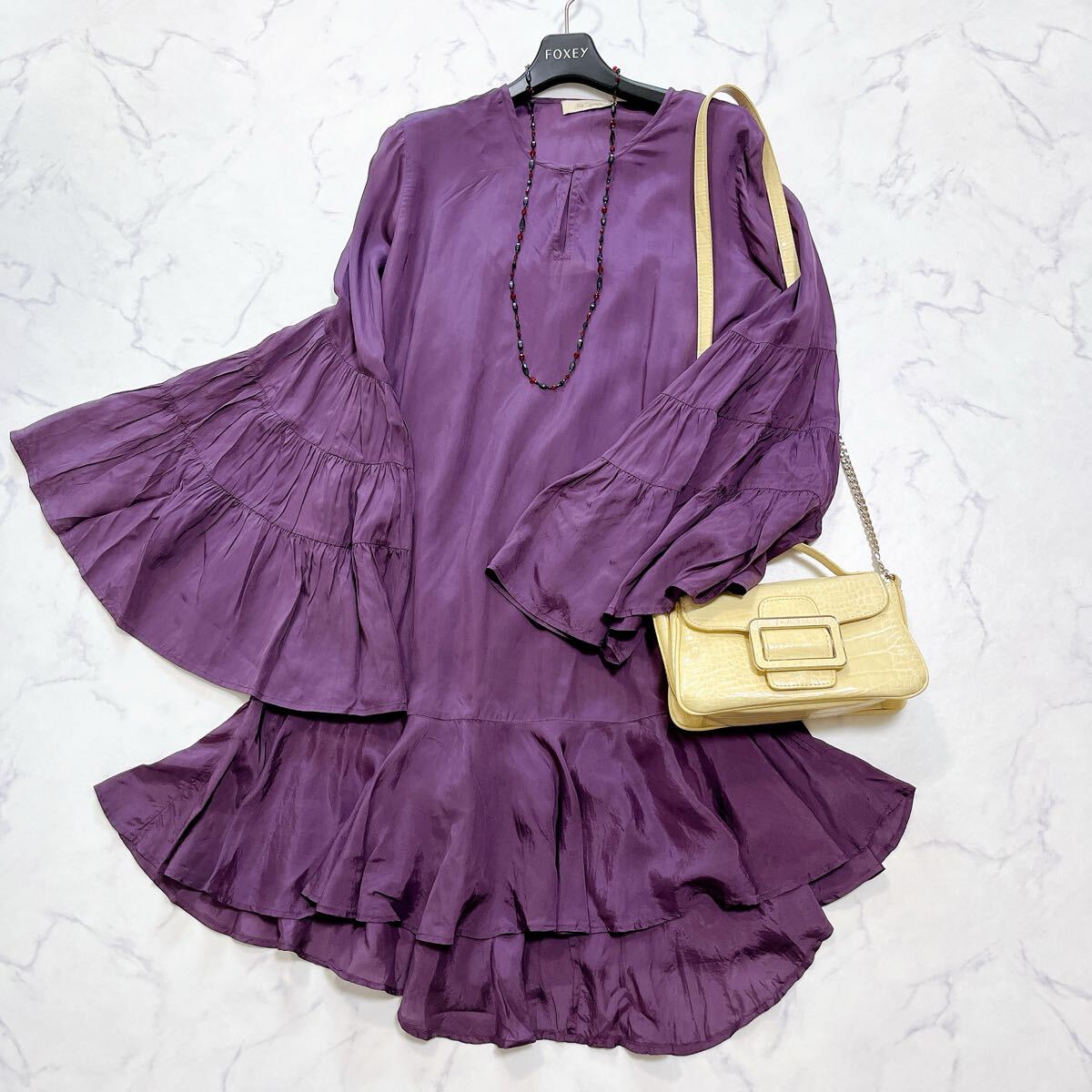 ★美品★Mes Demoiselles/メドモアゼル/チュニックブラウス フリル ティアード シアー インナーキャミソール付パープル 36 S~細身M相当拍卖