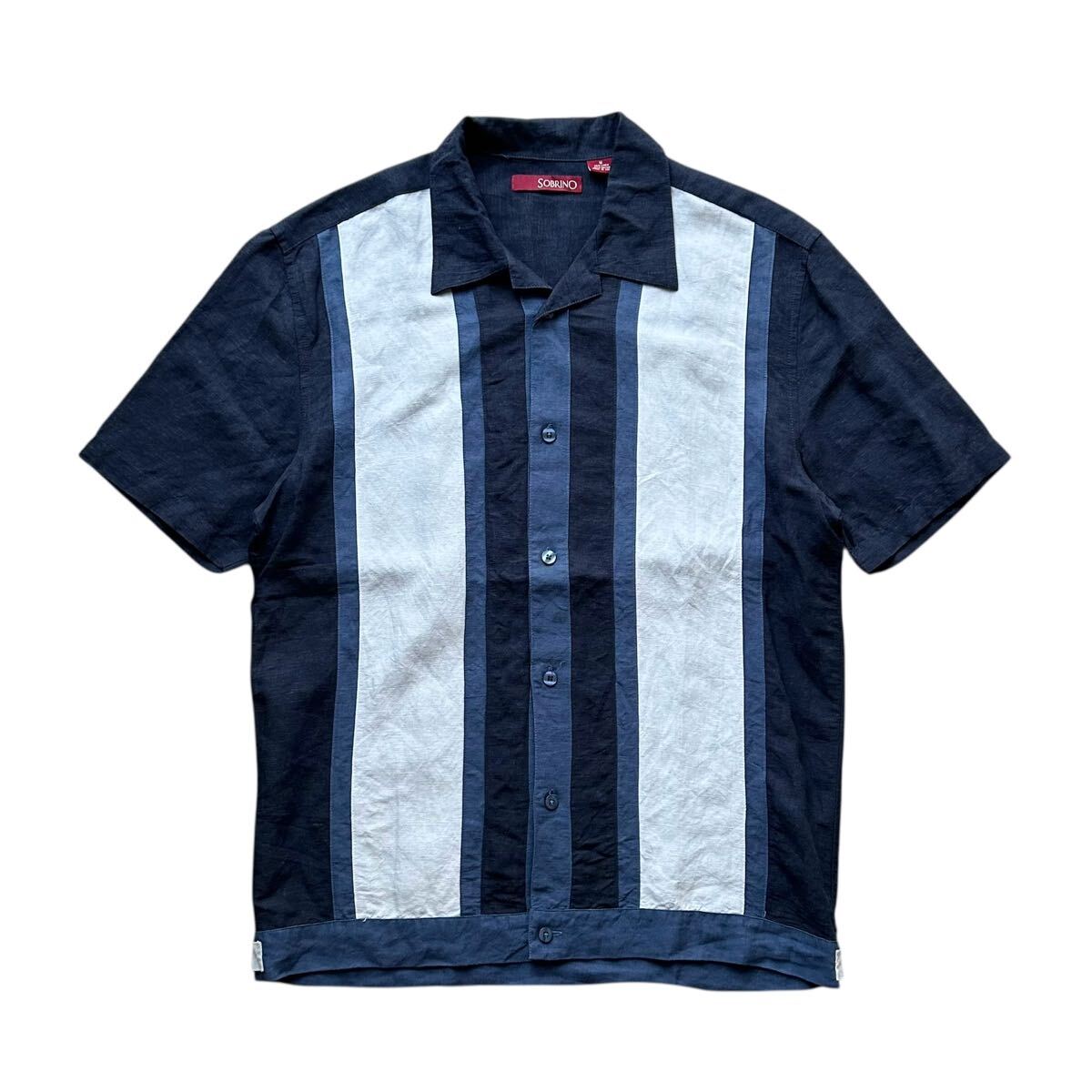 SOBRINO S/S オープンカラーシャツ Mサイズ ネイビー リネン 55% レーヨン 45% 開襟 ロカビリー 半袖 ブルー 裾 アジャスター拍卖