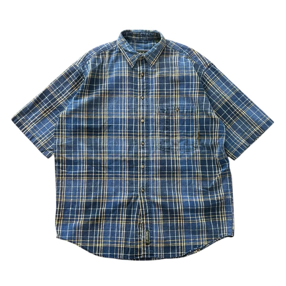 90’s Timberland ティンバーランド S/S チェックシャツ M ブルー 青色 1996年製 インド綿 コットン 100% レギュラーカラー ヴィンテージ拍卖
