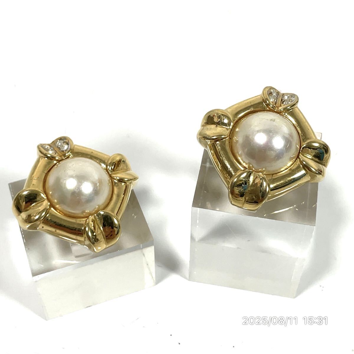 NINA RICCI ニナ リッチ スクエアモチーフ パール風 ラインストーン ゴールドカラーボディ イヤリング ピアス アクセサリー 装飾品 小物拍卖