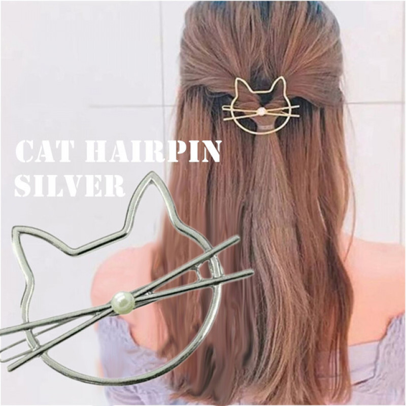 010 レディース シルバーカラー ヘアクリップ 髪飾り かわいい ねこのへアクセ 猫 ヘアピン ねこ ヘアアクセサリー パール拍卖